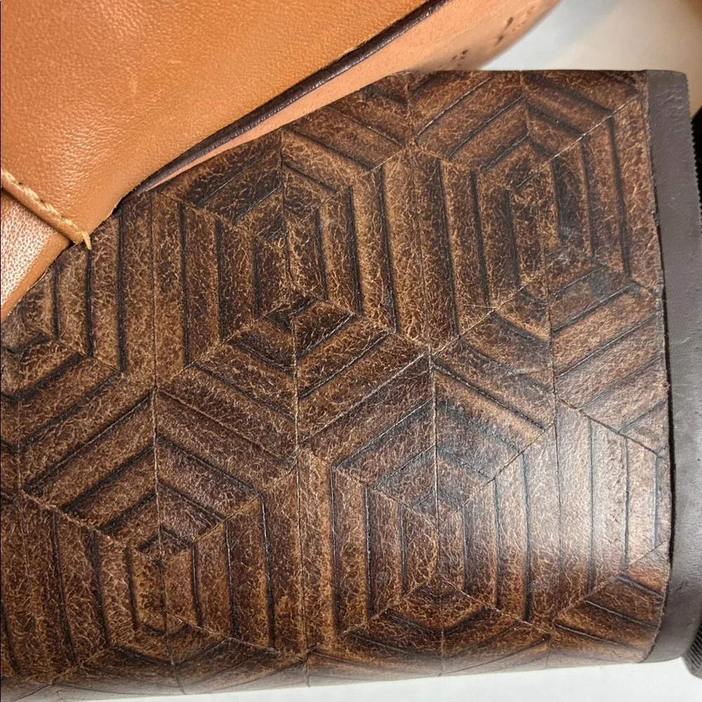 Tory Burch Grove Open Toe Bootie Sz 5 Royal Tan Wood Detail Heel Designer Luxury
